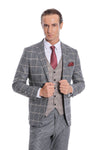 Checked Patterned Beige Vested Slim Fit Grey Men Suit - Wessi