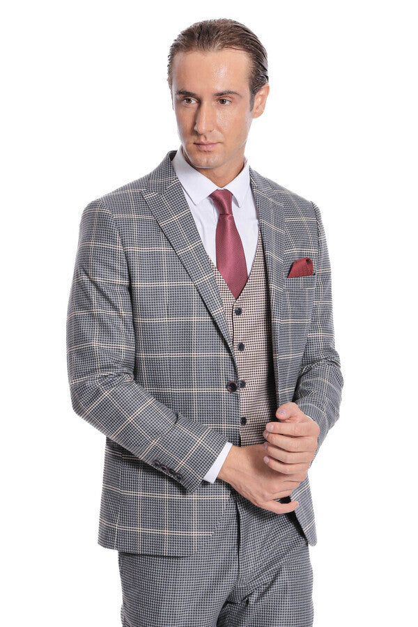 Checked Patterned Beige Vested Slim Fit Grey Men Suit - Wessi