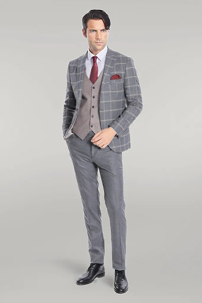 Checked Patterned Beige Vested Slim Fit Grey Men Suit - Wessi