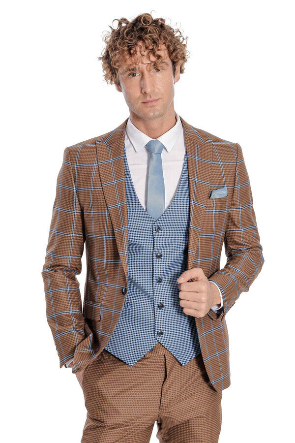 Checked Patterned Slim Fit Brown Men Suit - Wessi
