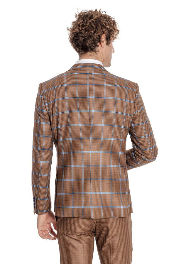 Checked Patterned Slim Fit Brown Men Suit - Wessi