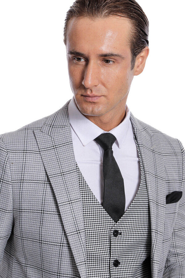 Checked Patterned Slim Fit Grey Men Suit - Wessi