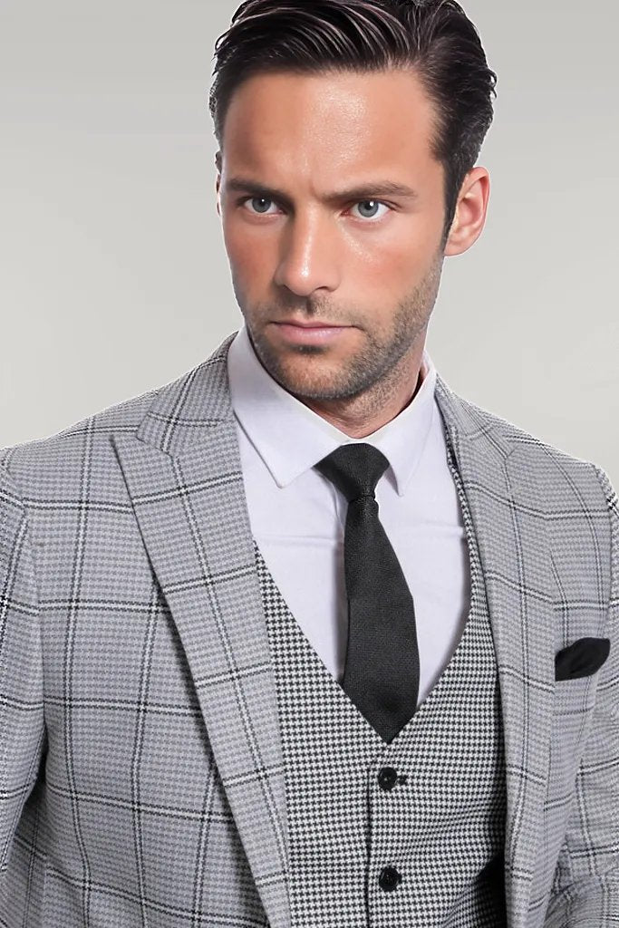 Checked Patterned Slim Fit Grey Men Suit - Wessi