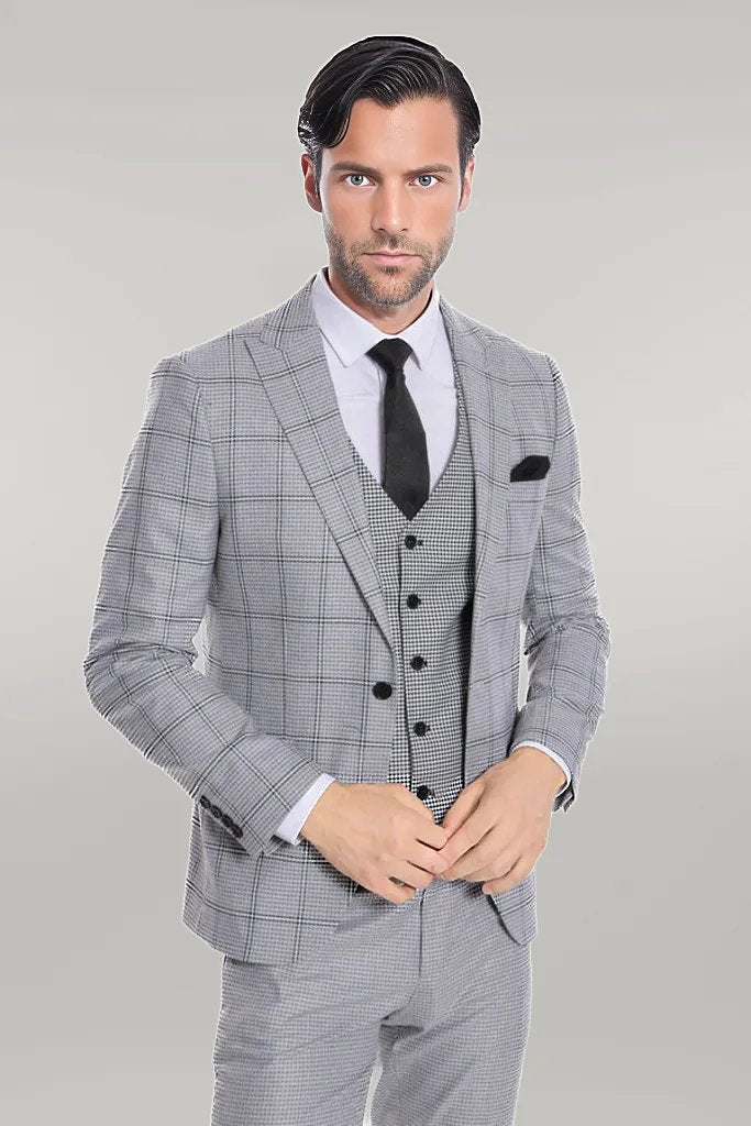 Checked Patterned Slim Fit Grey Men Suit - Wessi