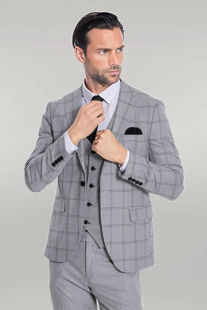 Checked Patterned Slim Fit Grey Men Suit - Wessi