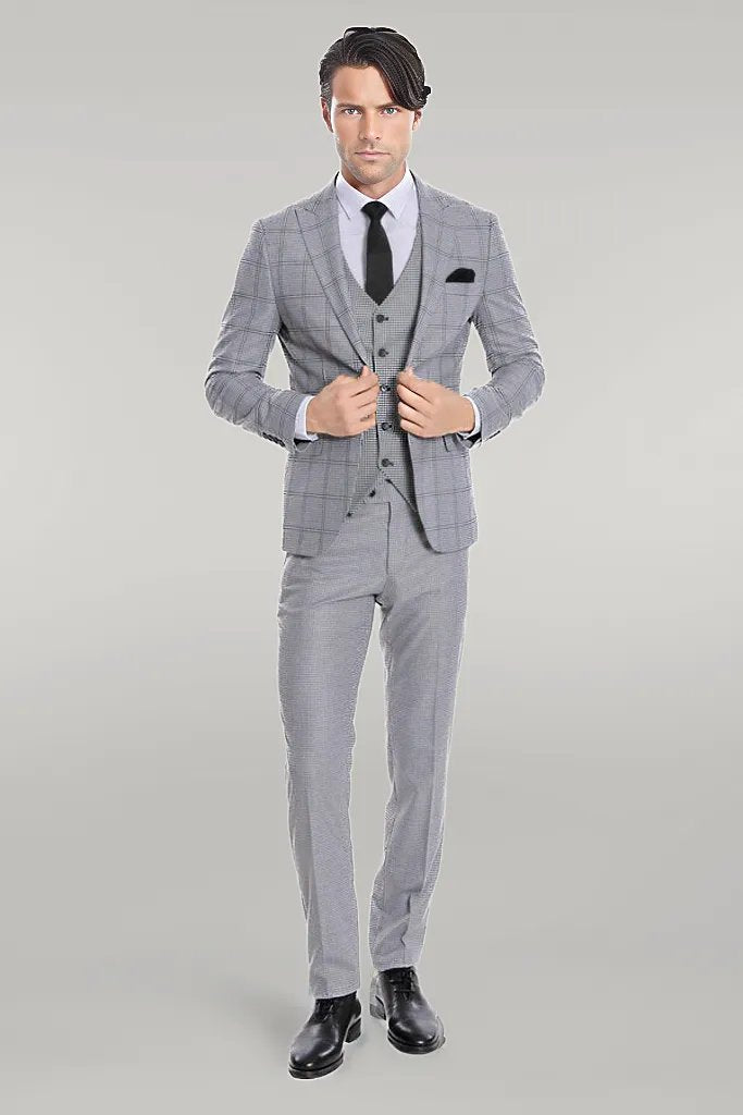 Checked Patterned Slim Fit Grey Men Suit - Wessi