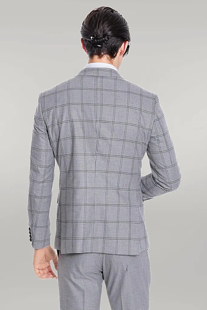 Checked Patterned Slim Fit Grey Men Suit - Wessi