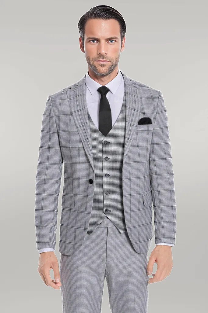 Checked Patterned Slim Fit Grey Men Suit - Wessi