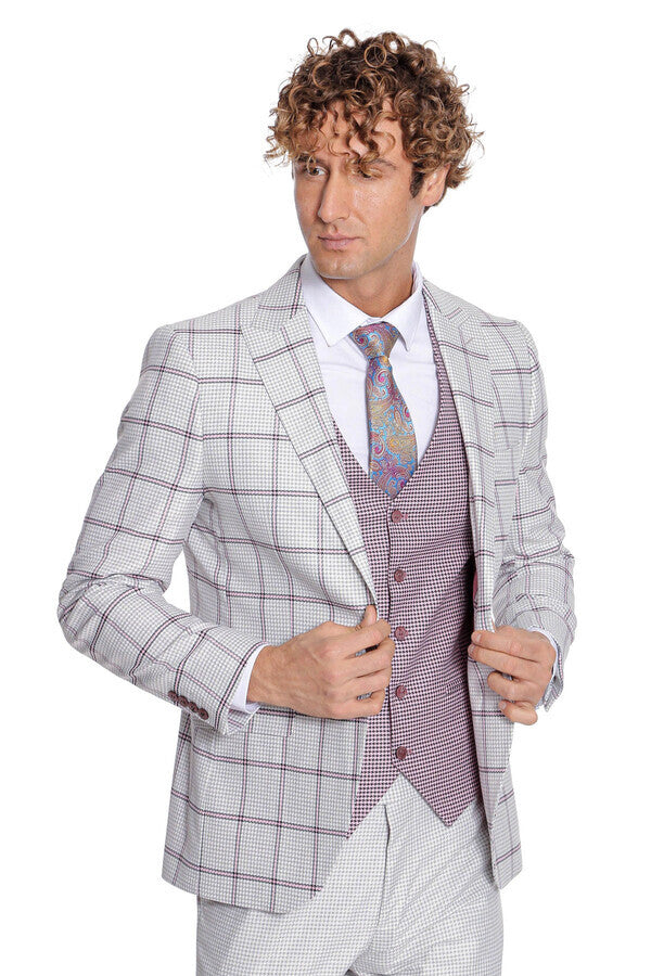 Checked Patterned Vested Light Grey Men Suit - Wessi