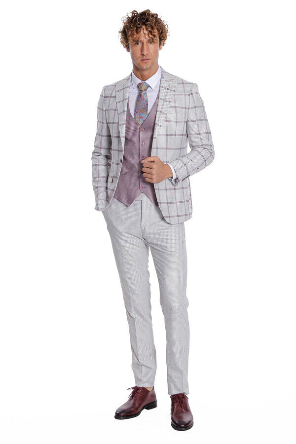 Checked Patterned Vested Light Grey Men Suit - Wessi
