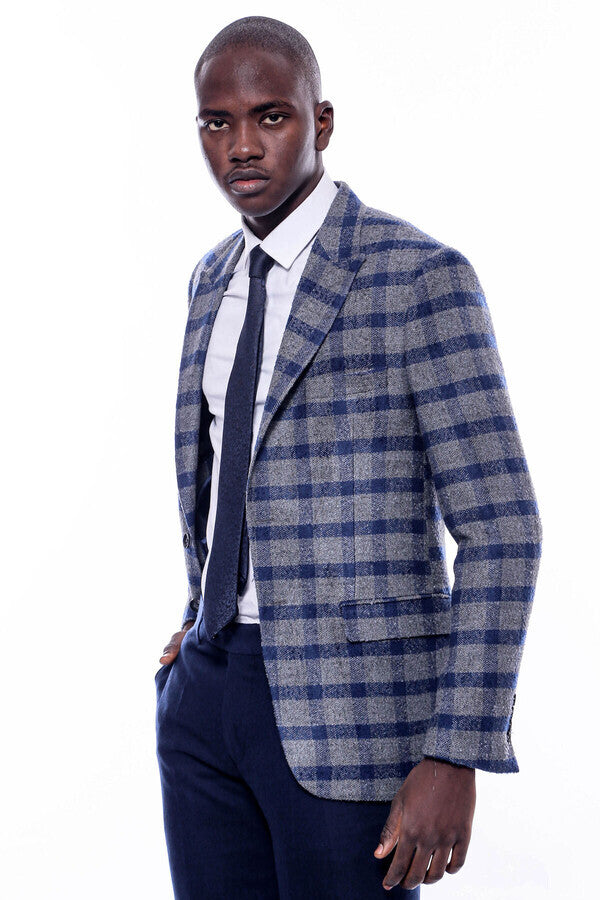 Checked Peak Lapel Slim Fit Blue Men Blazer Wessi