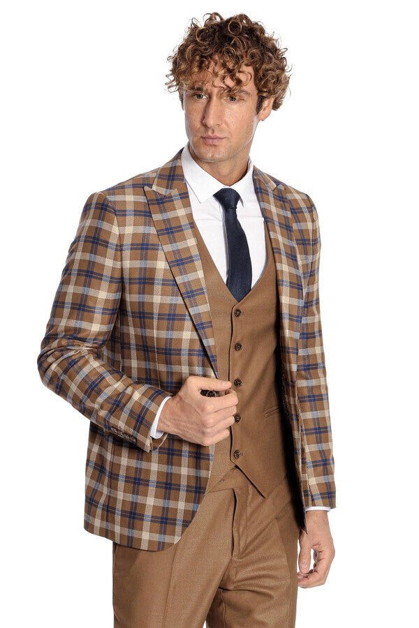 Checked Slim Fit Brown Men Suit  - Wessi