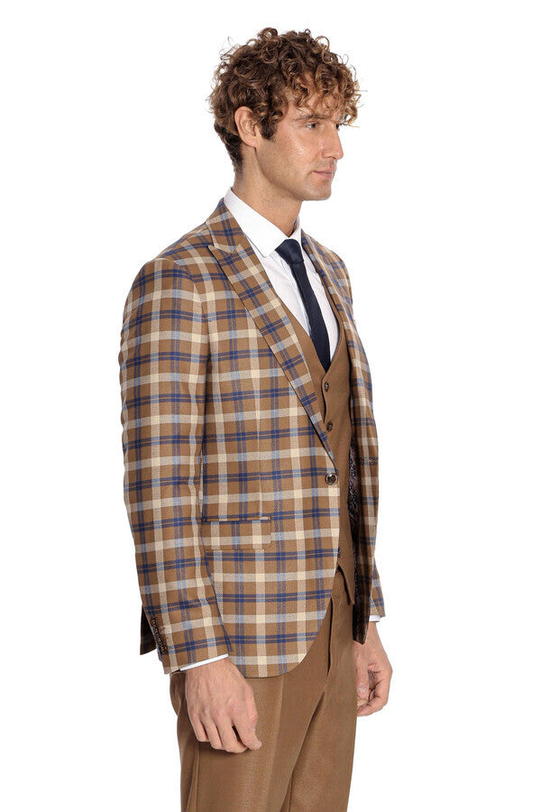 Checked Slim Fit Brown Men Suit  - Wessi