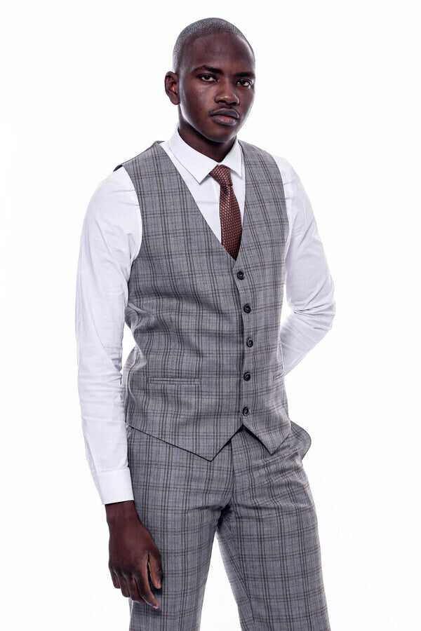 Checked Slim Fit Grey Men Suit - Wessi