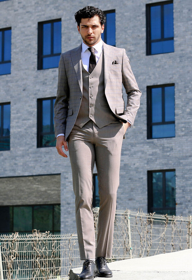 Checked Slim Fit Grey Men Suit - Wessi