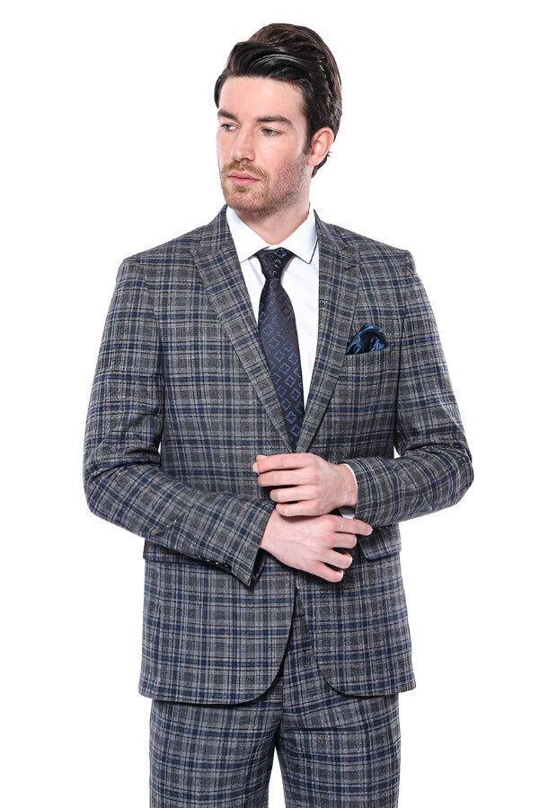 Checked Slim-Fit Navy Blue Men Blazer - Wessi