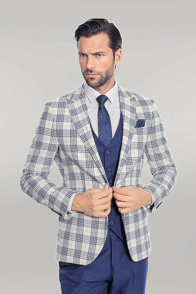 Checked Slim Fit Navy Blue Men Suit - Wessi