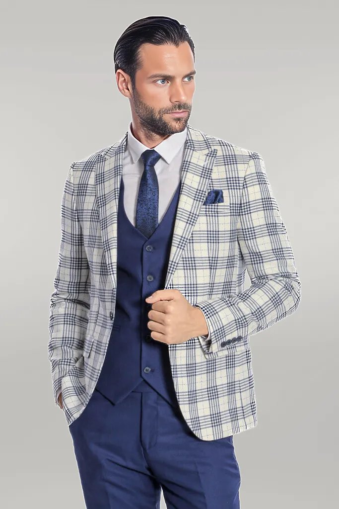 Checked Slim Fit Navy Blue Men Suit - Wessi