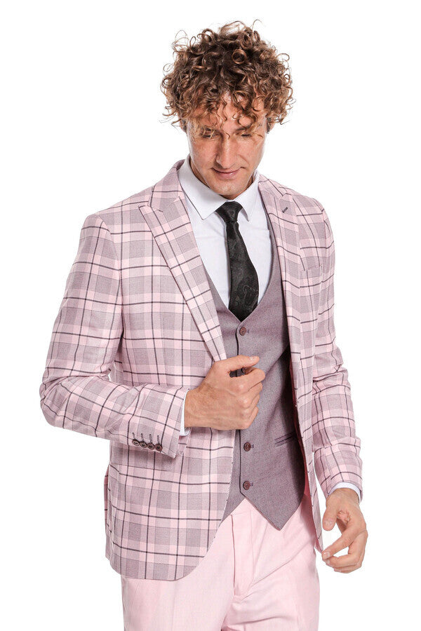 Checked Slim Fit Pink Men Suit - Wessi