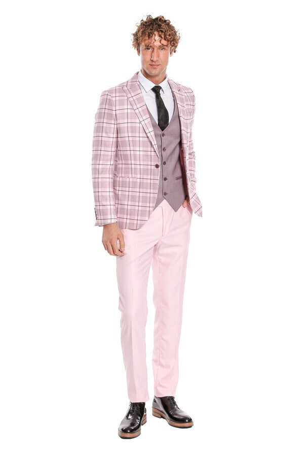 Checked Slim Fit Pink Men Suit - Wessi