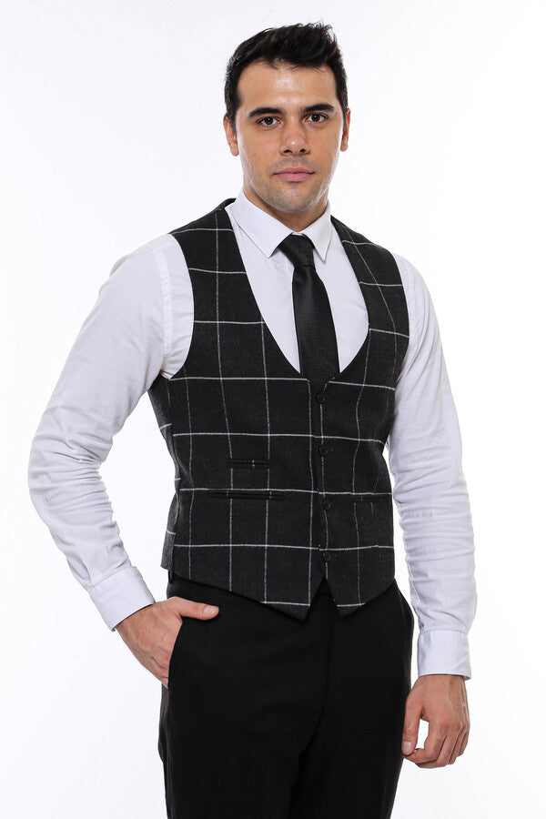 Checked V Neck Anthracite Men Vest - Wessi