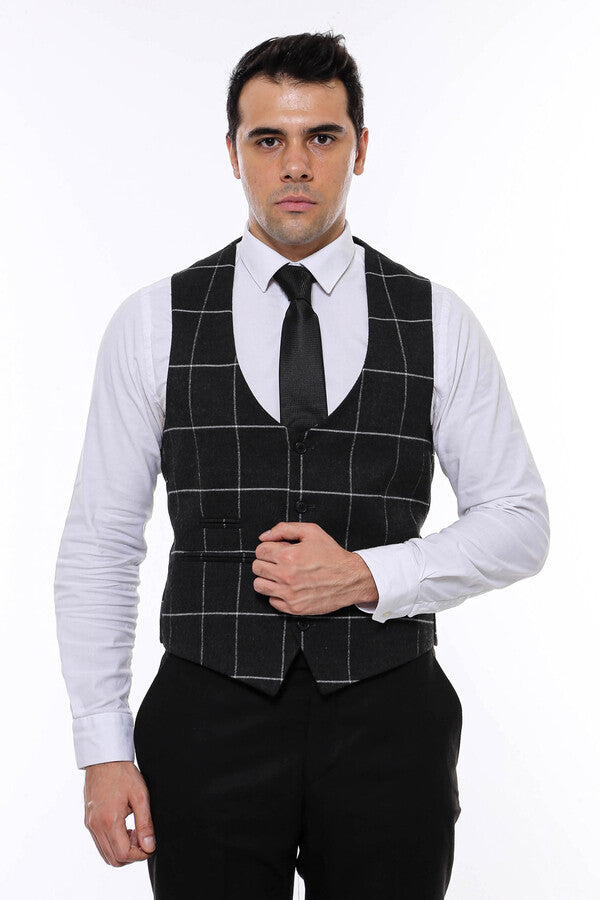 Checked V Neck Anthracite Men Vest - Wessi