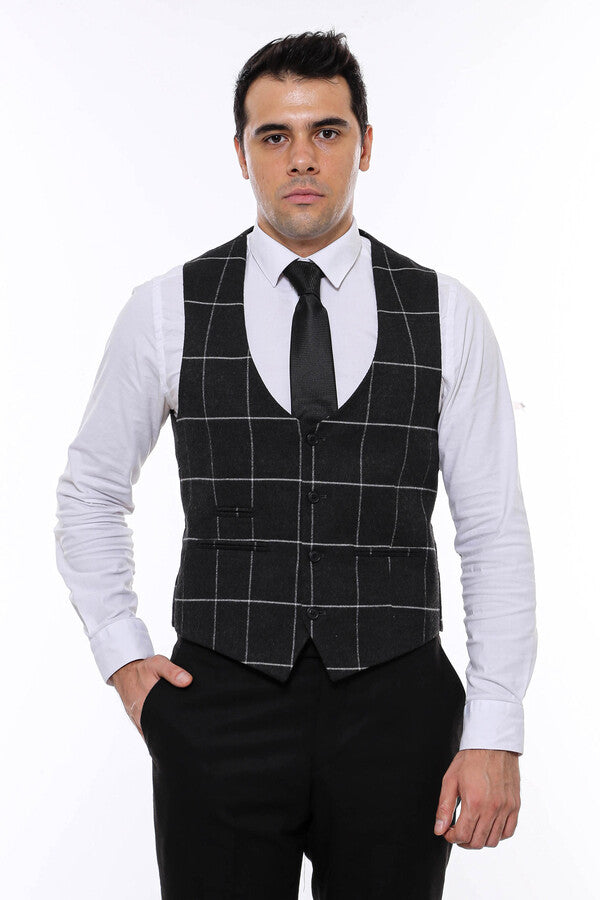 Chaleco Hombre Cuadros Cuello Pico Antracita - Wessi