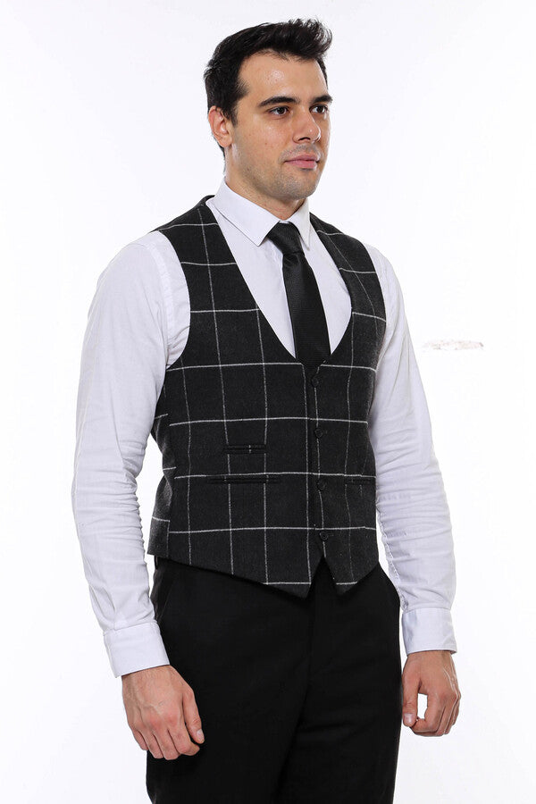 Chaleco Hombre Cuadros Cuello Pico Antracita - Wessi