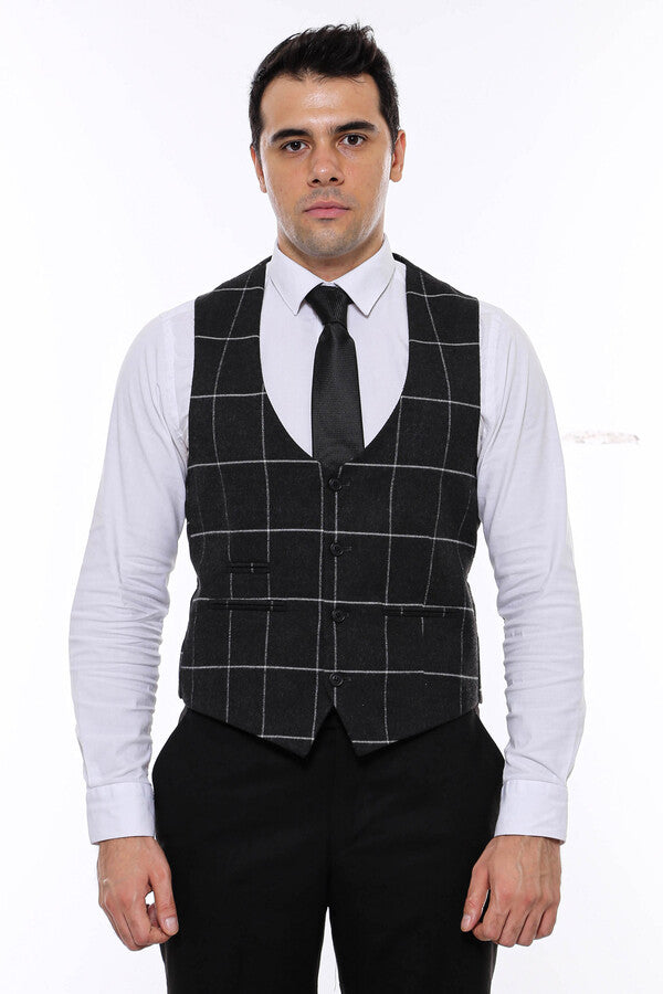 Checked V Neck Anthracite Men Vest - Wessi