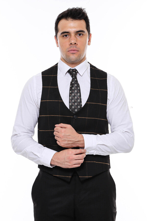 Checked V Neck Black Vest - Wessi