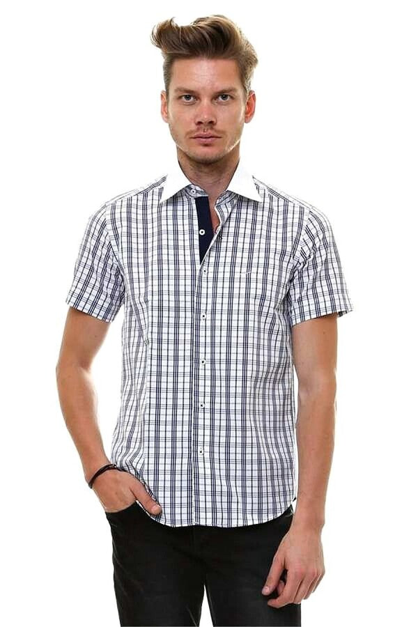 Checkered Short Sleeve White Slim Fit Men's Shirt - Wessi