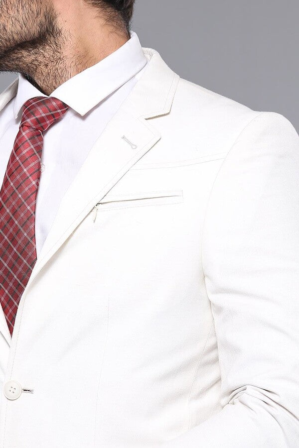 Chest Zippered Detail Cream Linen Jacket | Wessi