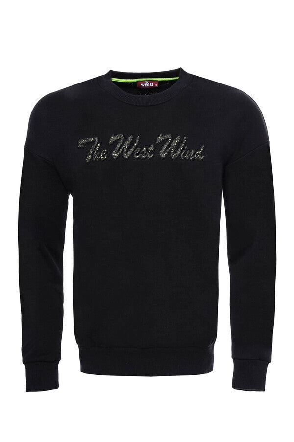 Circle Neck Black Front Printed Sweatshirt - Wessi