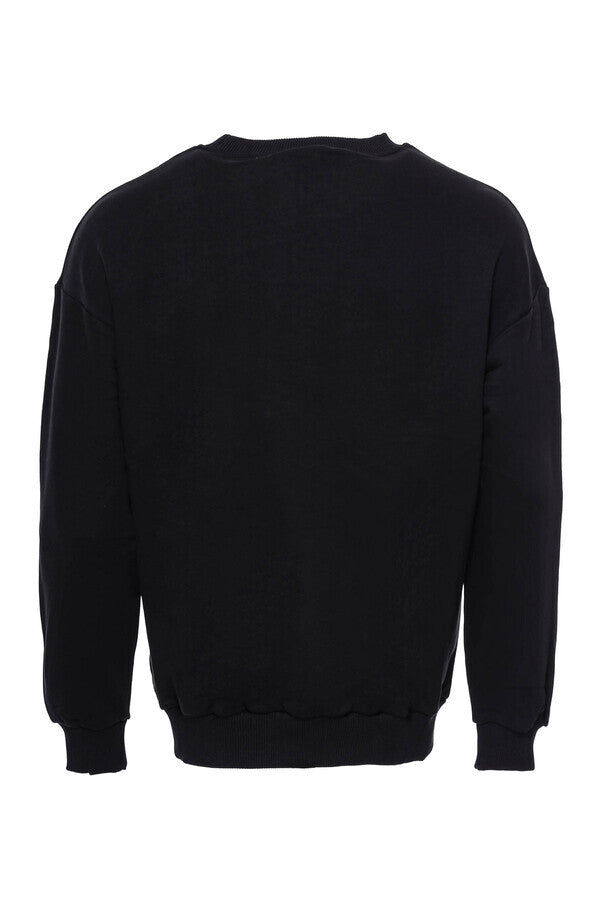 Circle Neck Front Printed Men's Black Sweatshirt - Wessi