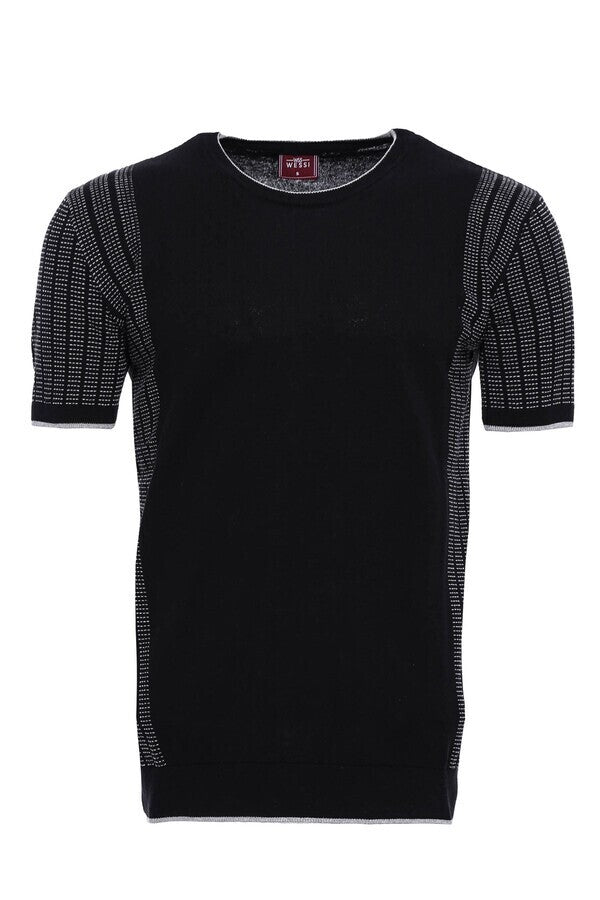 Circle Neck Patterned Black Knitted T-Shirt - Wessi