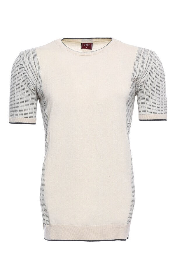 Circle Neck Patterned Cream Knitted T-Shirt - Wessi