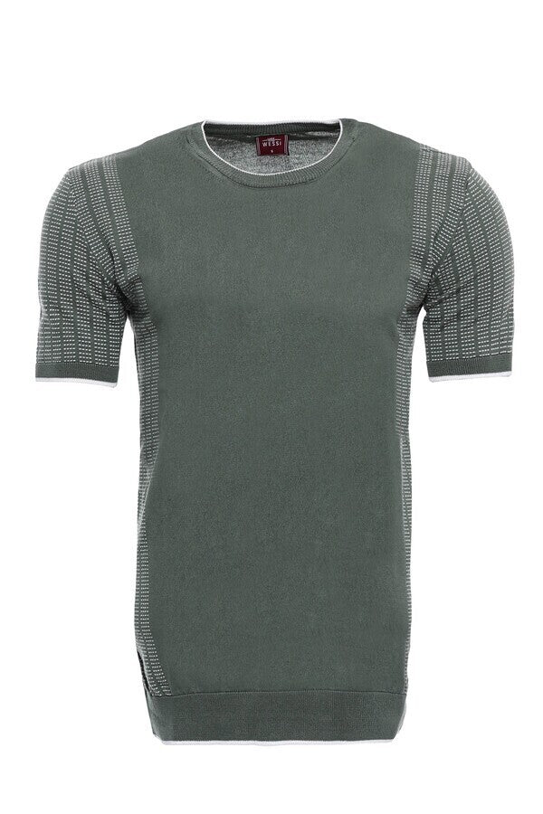 Circle Neck Patterned Green Knitted T-Shirt - Wessi
