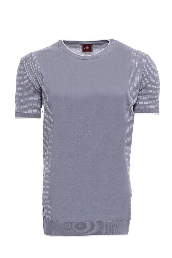Circle Neck Patterned Grey Knitted T-Shirt - Wessi