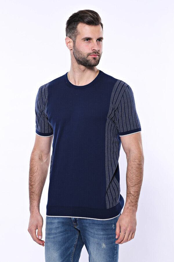 Circle Neck Patterned Navy Knitted T-Shirt - Wessi