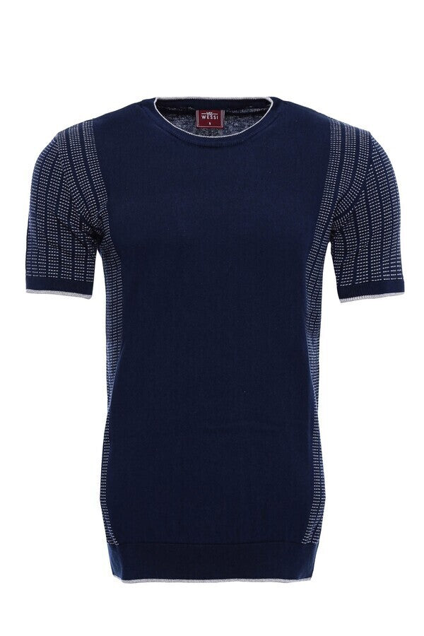 Circle Neck Patterned Navy Knitted T-Shirt - Wessi