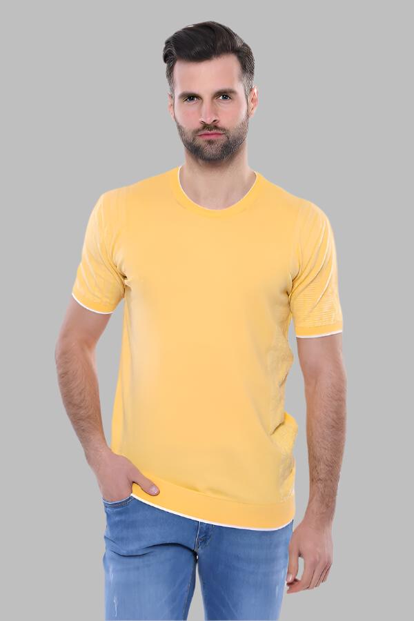 Circle Neck Patterned Yellow Knitted T-Shirt - Wessi