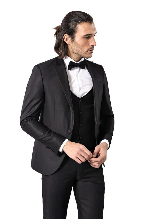 Collar and Pockets Modeled Black 3 Piece Tuxedo | Wessi
