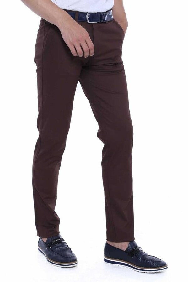 Cotton Slim Fit Washed Fabric Brown Men Pants - Wessi