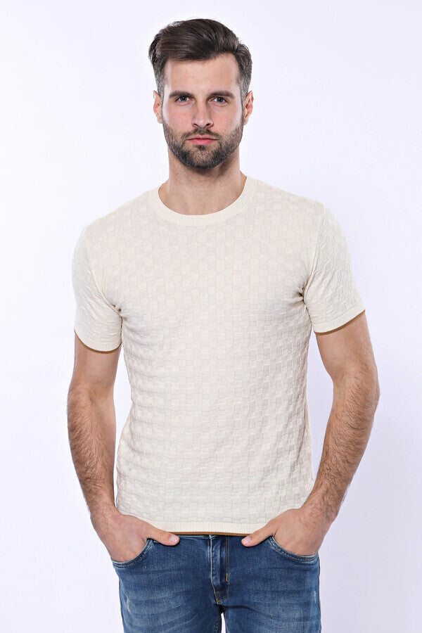 Cream Patterned Tricot Knitted T-Shirt - Wessi