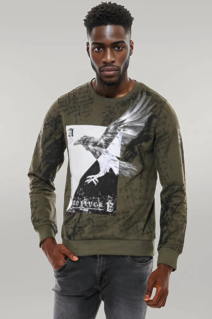 Dark Green Patterned Slim Fit Sweatshirt - Wessi