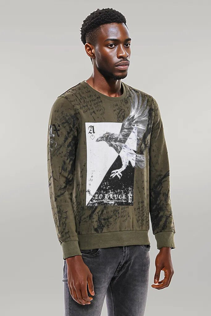 Dark Green Patterned Slim Fit Sweatshirt - Wessi