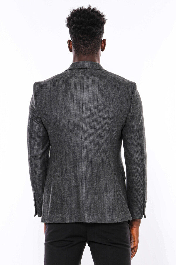 Dark Grey Patterned Slim Fit Blazer - Wessi