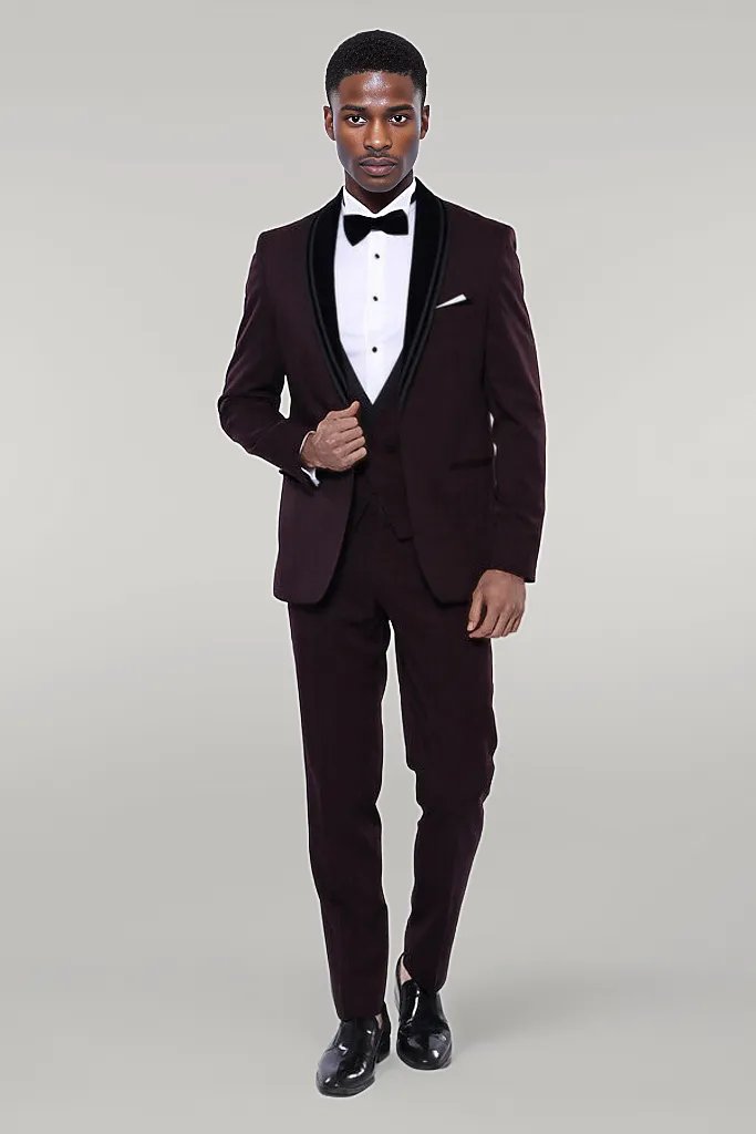 Detachable Velvet Lapel Burgundy Tuxedo - Wessi