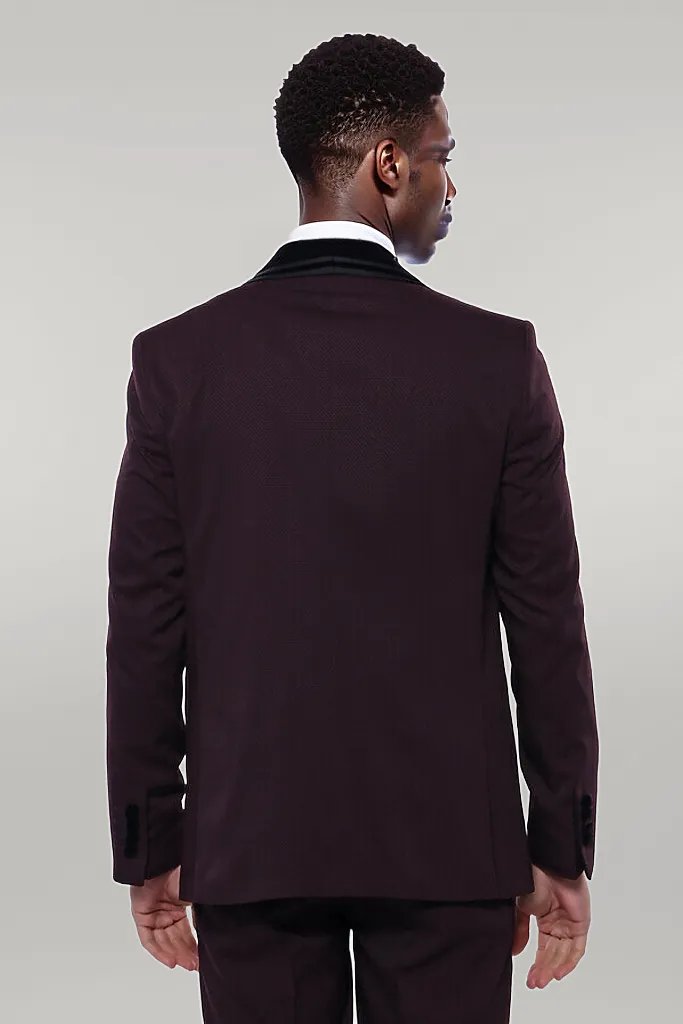 Detachable Velvet Lapel Burgundy Tuxedo - Wessi