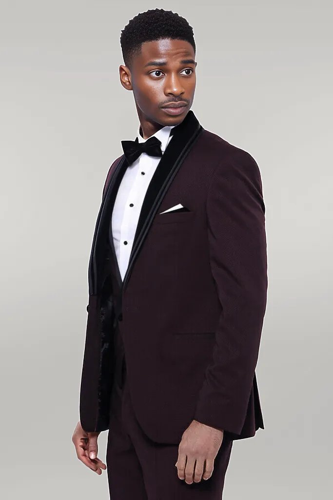 Detachable Velvet Lapel Burgundy Tuxedo - Wessi